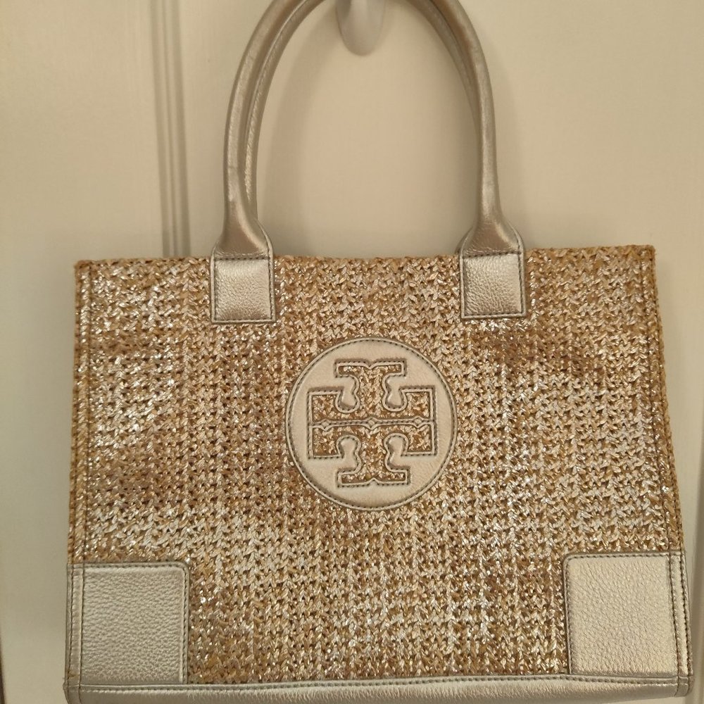 Tory Burch Ella Metallic Straw Tote Light Gold